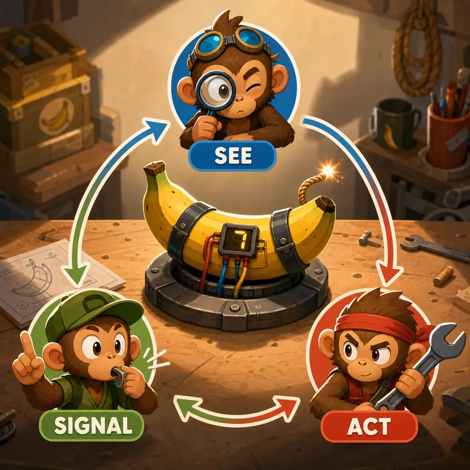 BOMBANANA! gameplay loop showing a team moving from seeing to signaling and acting